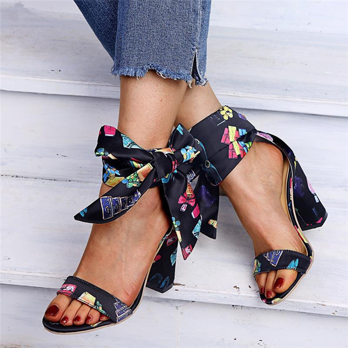 Scarf Decor Chunky Heeled Sandals Women Shoes
