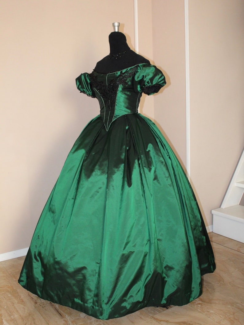 Victorian Green Taffeta With Lace Application1860 Ball Gown Dress