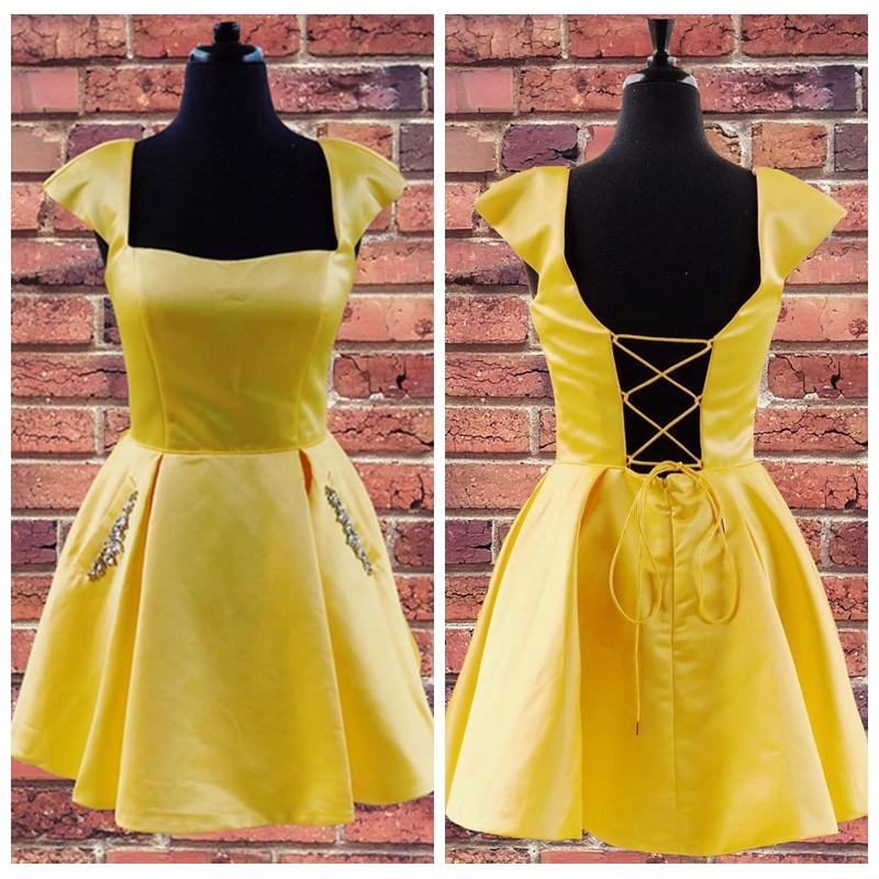 Cap Sleeved Lace-up Back Short Yellow Hoco Party Dress with Pockets