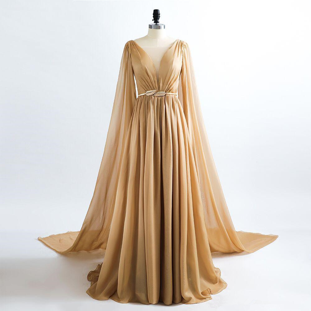 sachin and babi light blue dress Pink Chiffon V-Neck Gown With Cape Sleeves | Mac Duggal