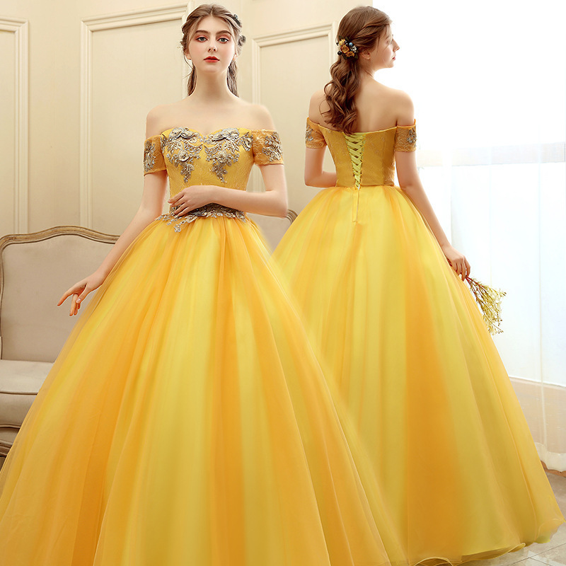 Off Shoulder Yellow Ball Gown Evening Dresses Women