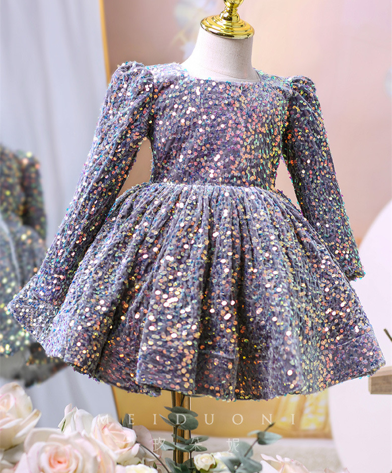 Sequines Beaded Long Sleeve A-line Long Girl Dress Ivory