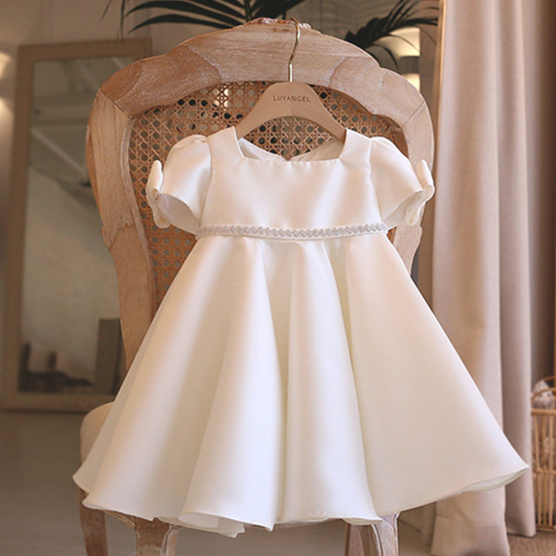 White Satin Girl Dress with Beads Detail