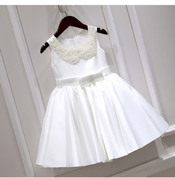 Pearls Decor White Satin Flower Girl Dress