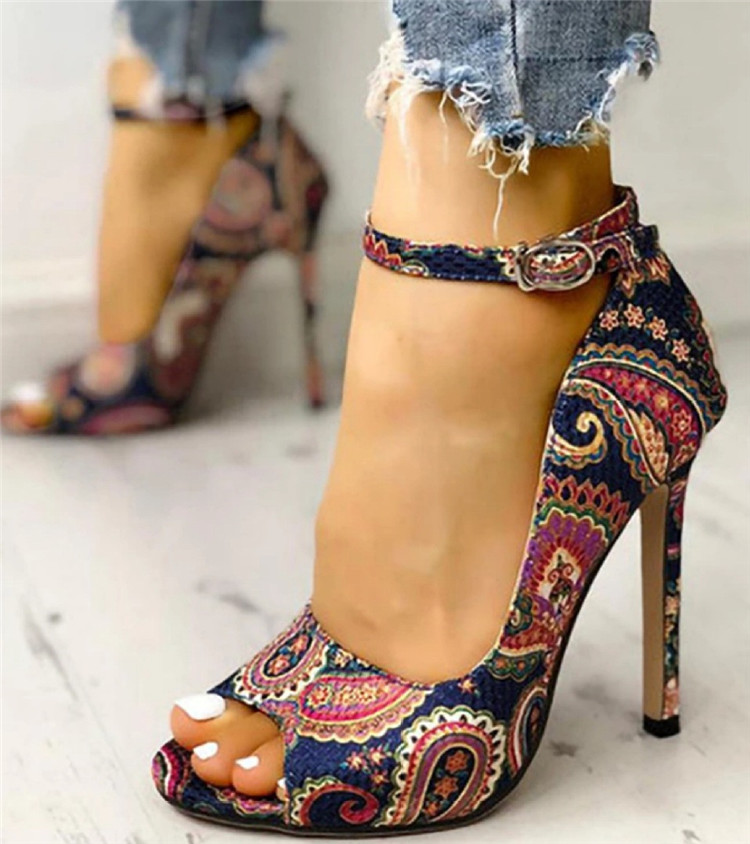Open Toe Ankle Strap Buckle Statement Print High Heels