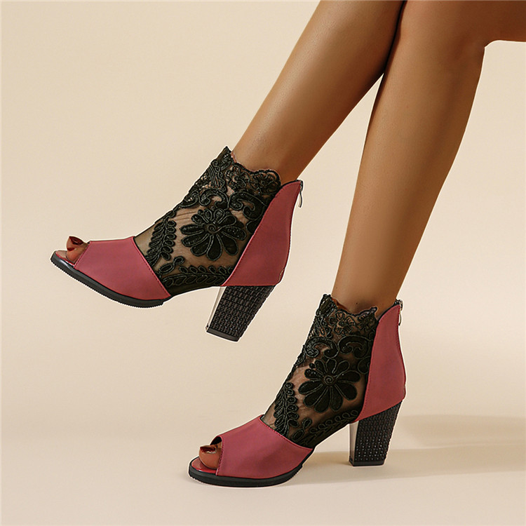 Lace Details Peep Toe Block Heel Women Shoes
