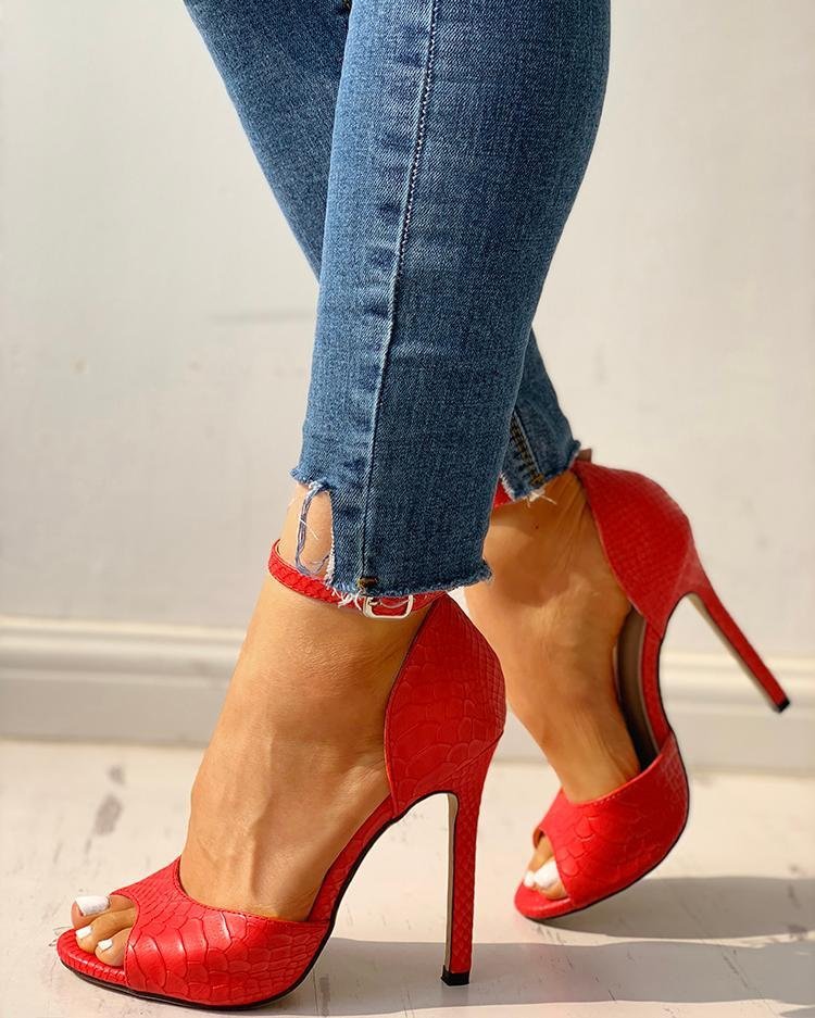 Embossed Red Ankle Strap High Heel Sandals Women Shoes