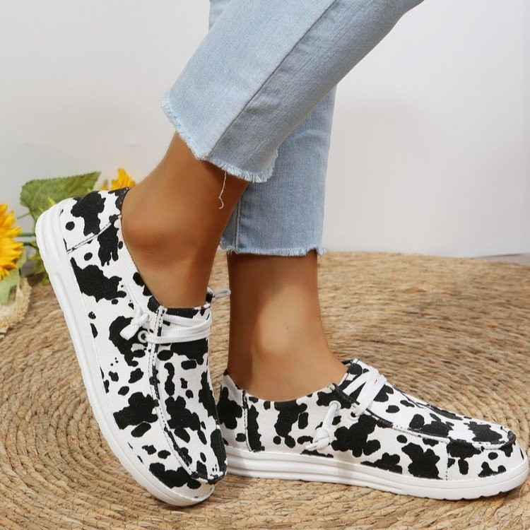Women Black And White Cow Print Lace-up Front Casual Shoes