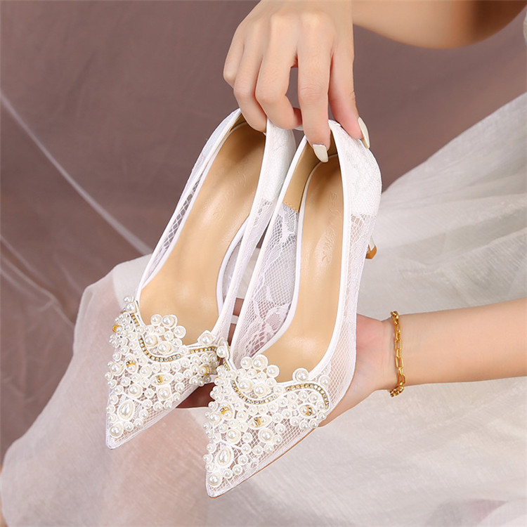 Pearls Decor Women Pupms Heels Wedding Shoes