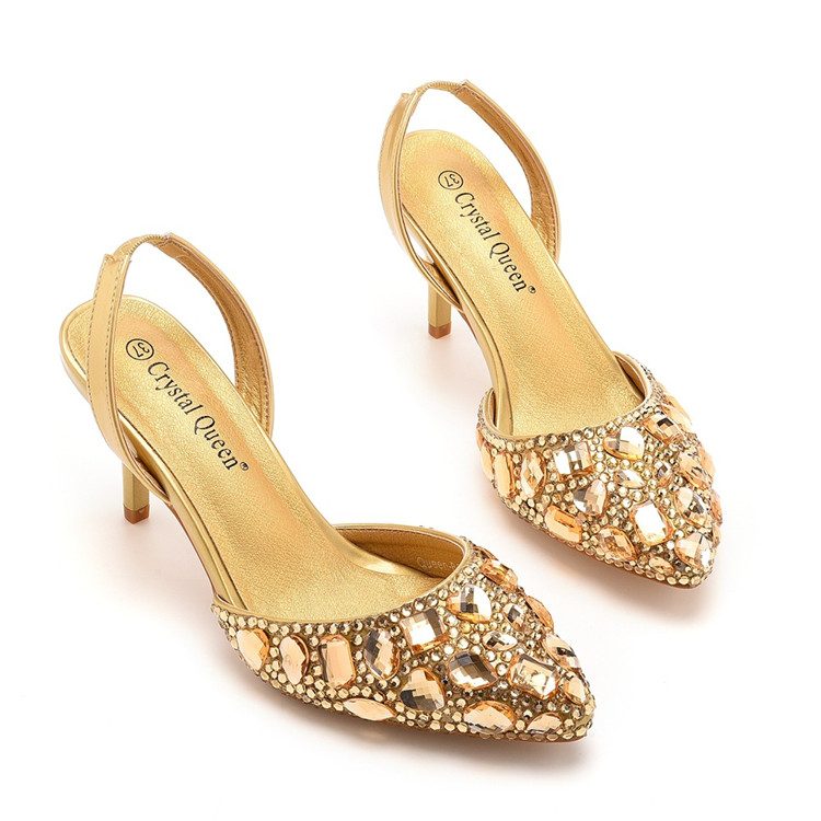 Jeweled Detail Slingback Women Gold Prom Shoes