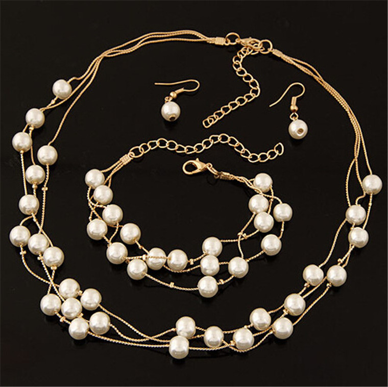Faux Pearls Women Necklace + Women Bracelet + Earrings