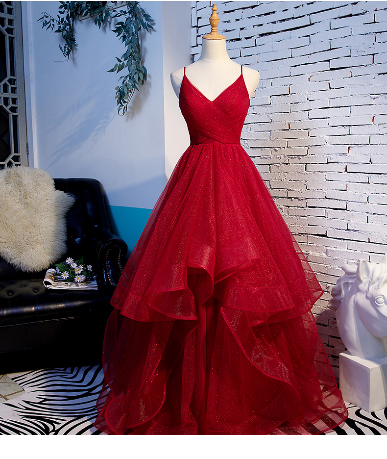 V Neck Glitter Tulle Prom Dress with Horsehair Trimed Skirt Women Formal Occasion Dress