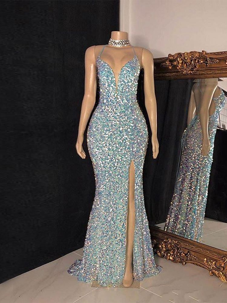 Backless Sequin Prom Dress With Spaghetti Tie Strap