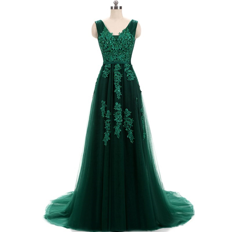 A-line V Neck Emerald Green Formal Dress Evening Gown