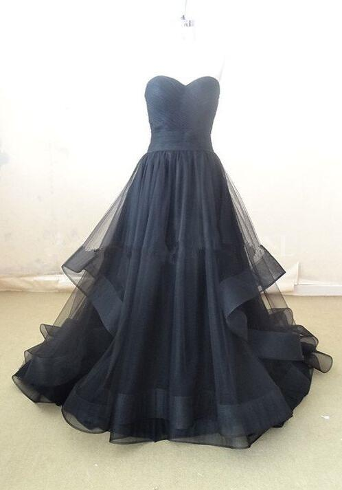Sleeveless Sweetheart Black Tulle Evening Gown Formal Dress With Horsehair Trimed Skirt