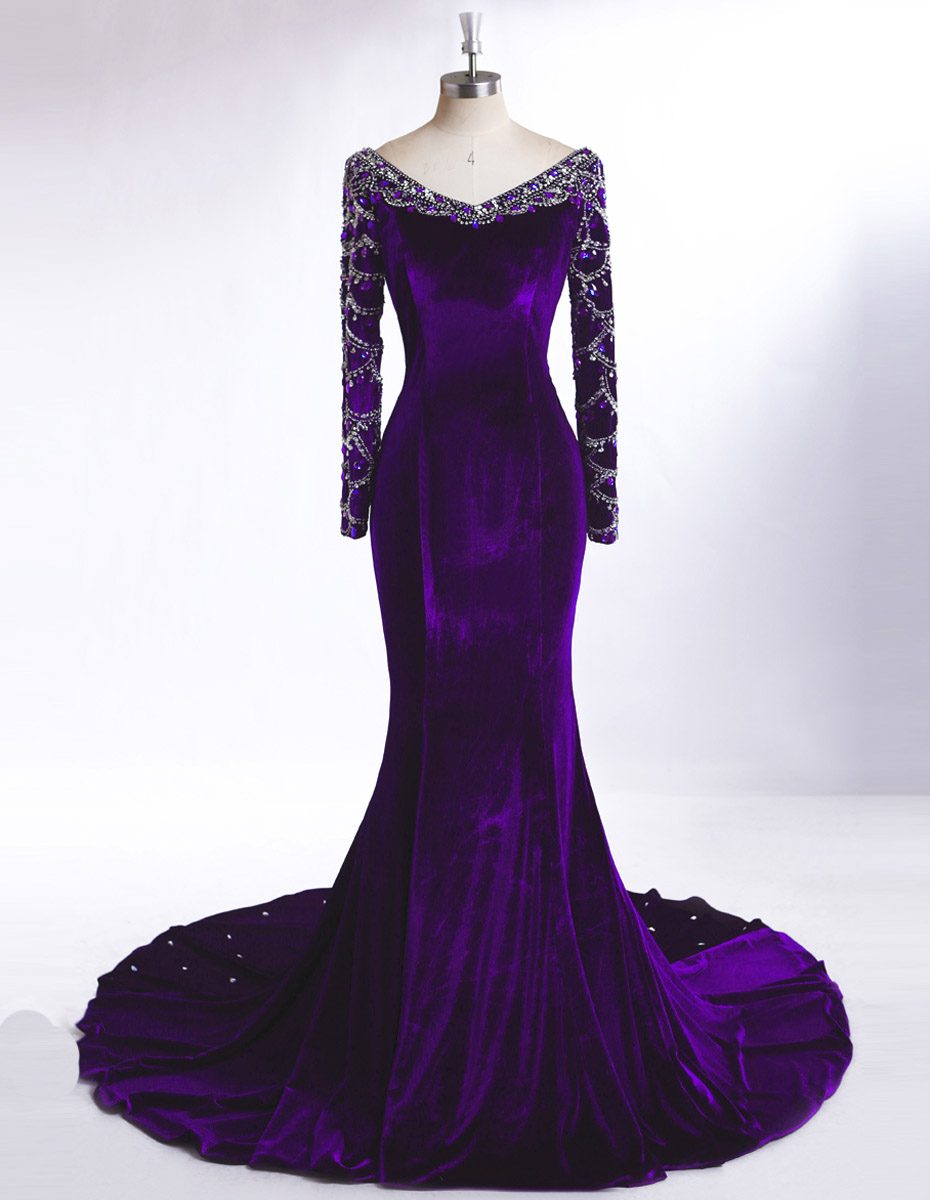 Long Sleeves Purple Velvet Formal Occasion Dress With Beads