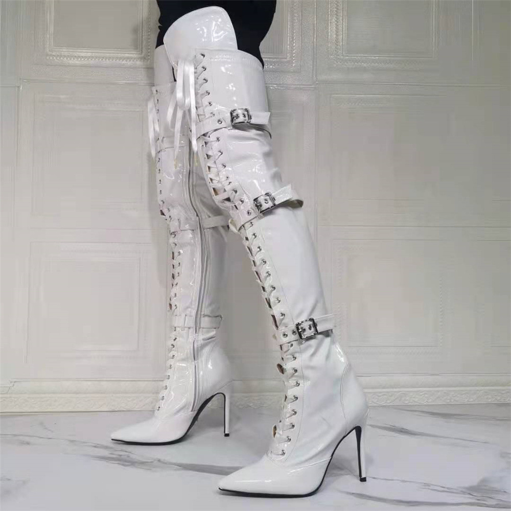 Belted White Knee High Boots Women