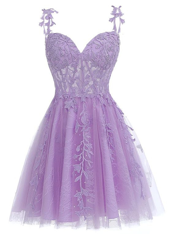 Sheer Bodice Lavender Short Homecoming Party Dress With Lace Details