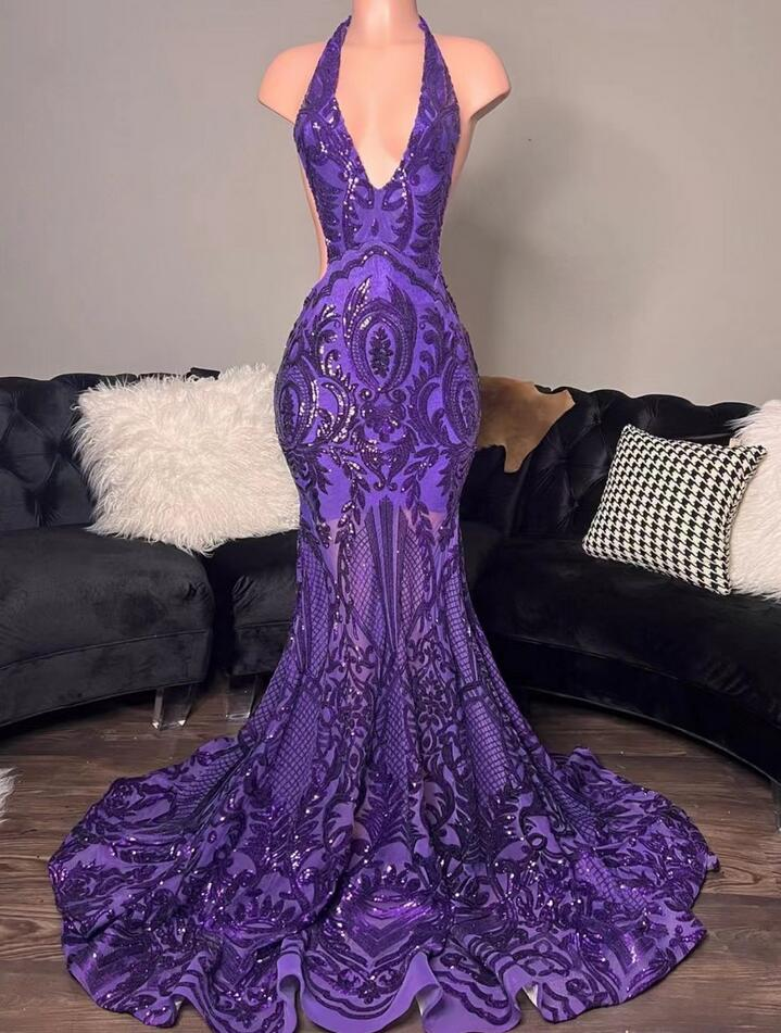 purple glitter dress long Black Purple Glitter Prom Dress - Chiffon Mermaid Gown main image 1