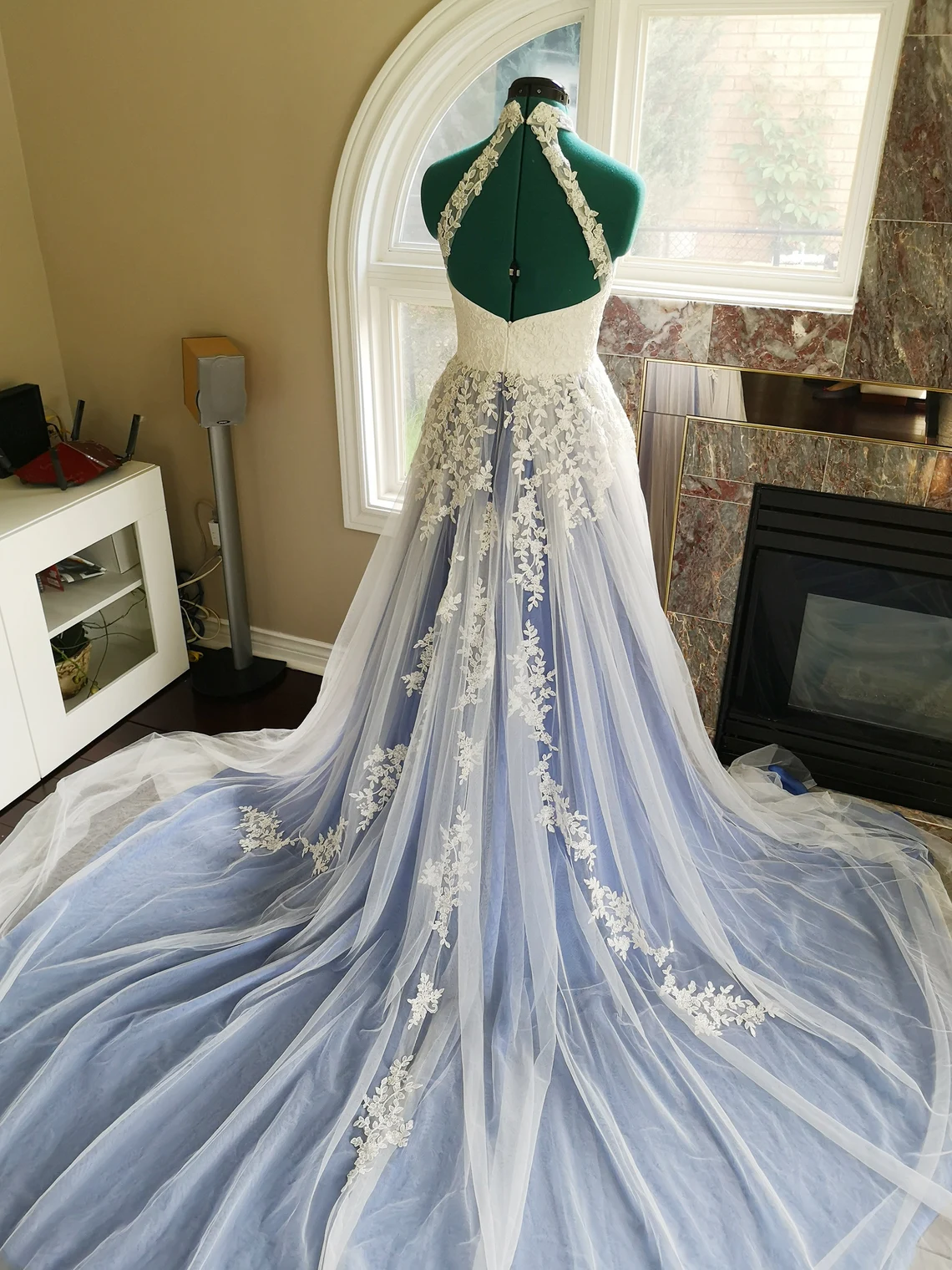High Neck Blue White Wedding Engagement Dress