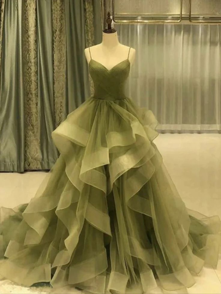 Spaghetti Straps Green Evening Gown Pageant Dress