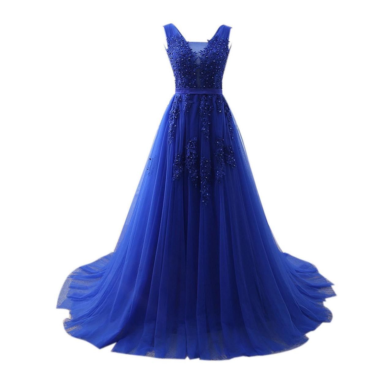 V Neck Royal Blue Long Pageant Dress Evening Gown With Beads Decor
