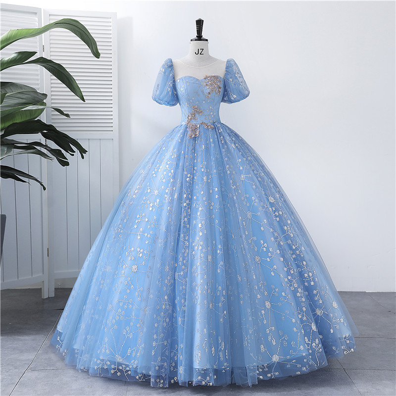Latern Sleeves Sheer Neck Blue Ball Gown Princess Dress