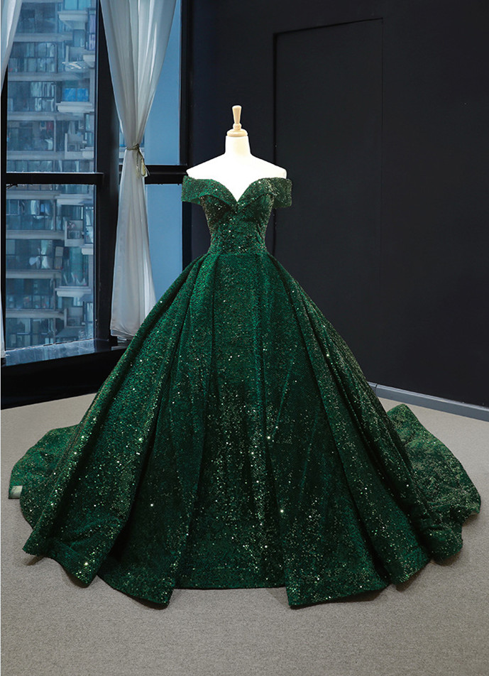 Off Shoulder Dark Green Sequin Ball Gown Pageant Dress Evening Gown