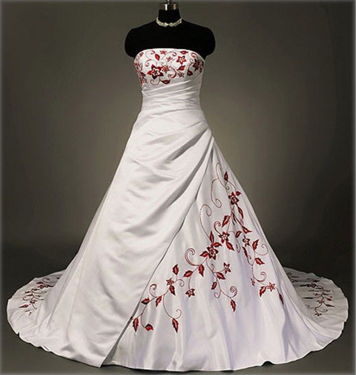 Strapless Ivory Satin Wedding Dress With Red Embroidery