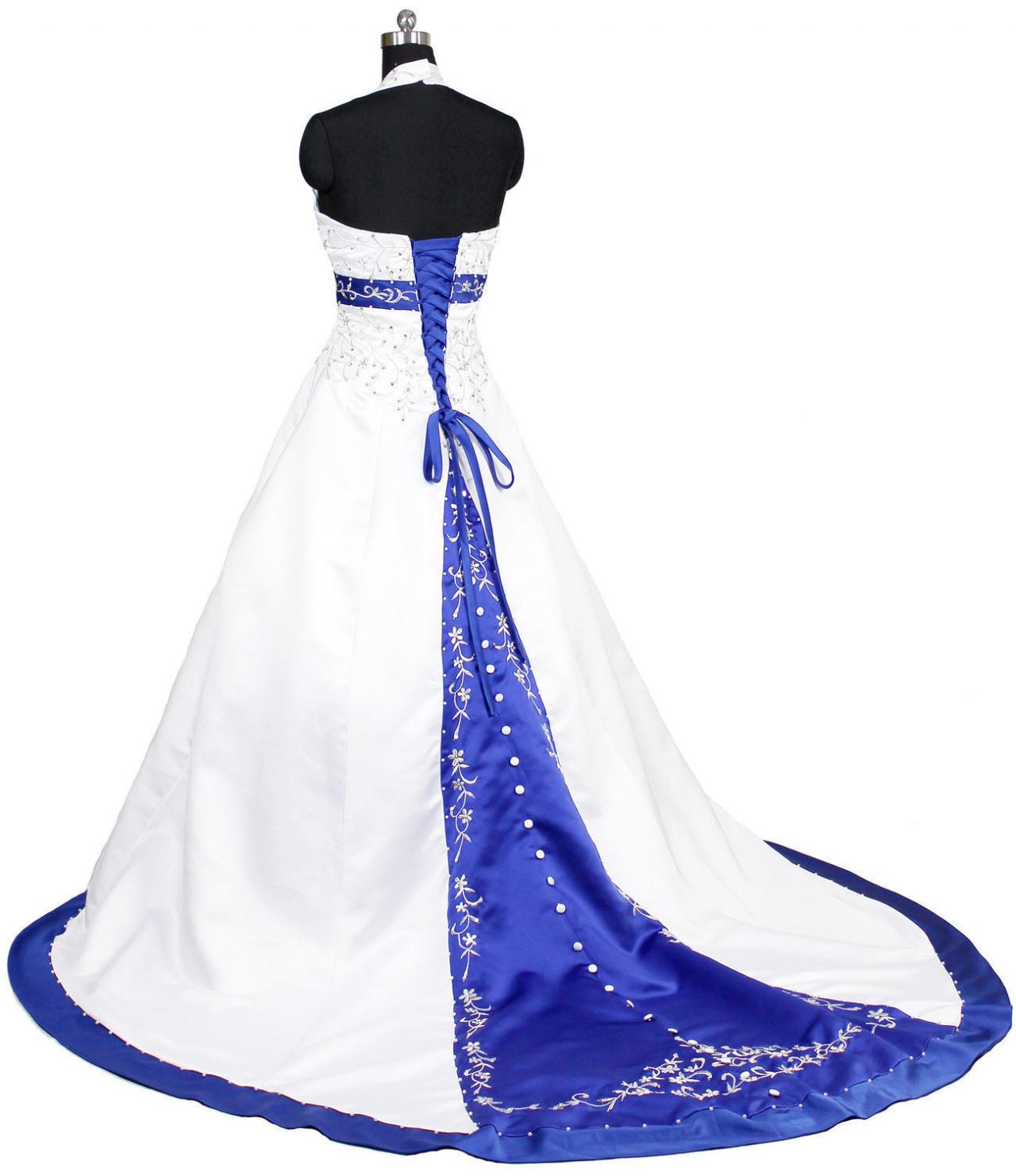Halter White Royal Blue Embroidered Wedding Dress Gown