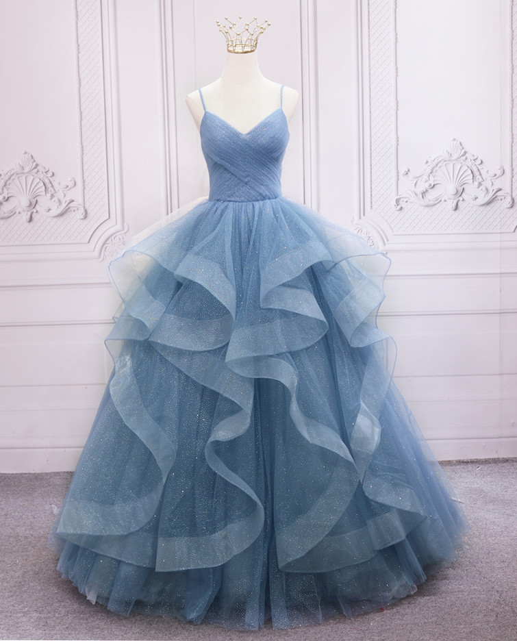 Spaghetti Straps Blue Glitter Tulle Pageant Dress