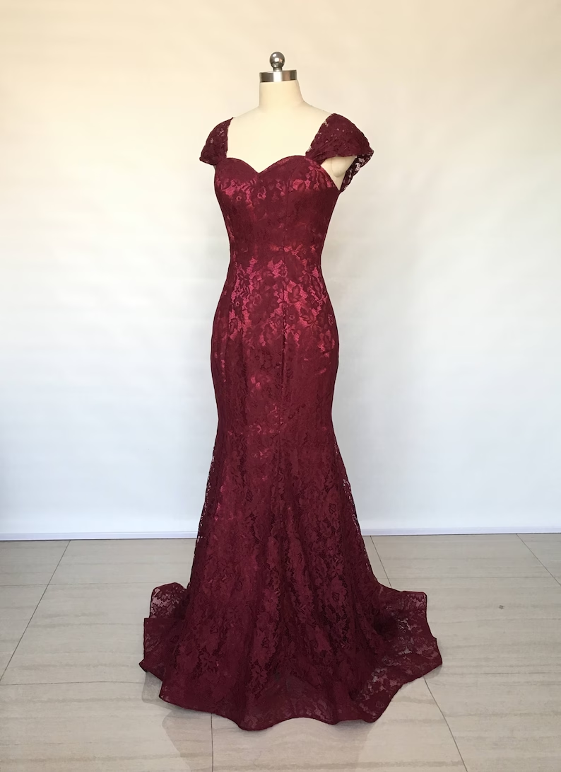 Burgundy Trumpet Formal Occasion Lace Dress With Convertible Strap