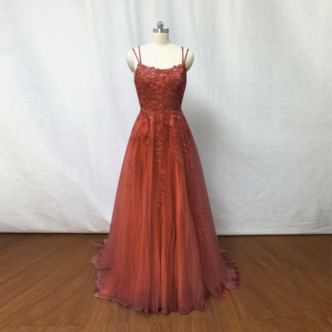 Burnt Orange Tulle Long Prom Dress With Lace Details
