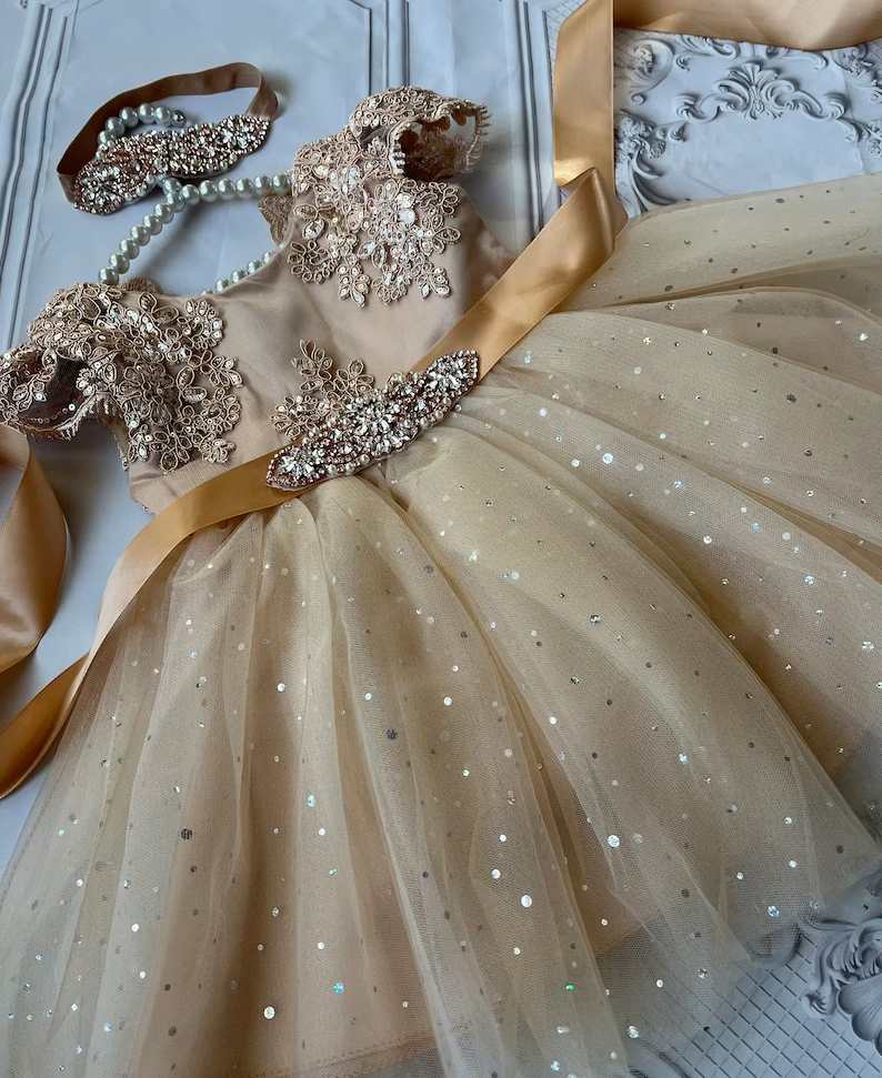 Champagne Flower Girl Dress With Removable Belt