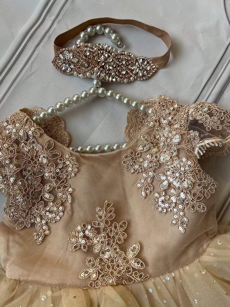 Champagne Flower Girl Dress With Removable Belt on Luulla