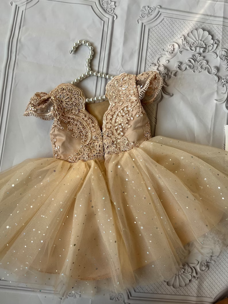 Champagne Flower Girl Dress With Removable Belt on Luulla