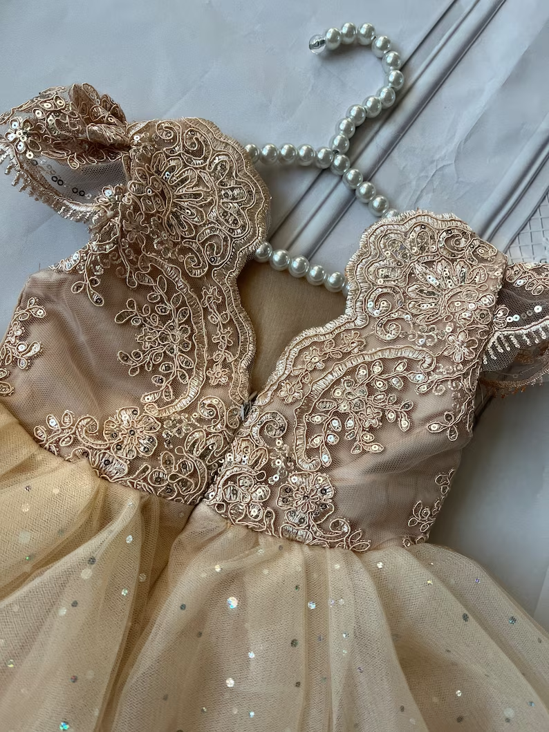 Champagne Flower Girl Dress With Removable Belt on Luulla