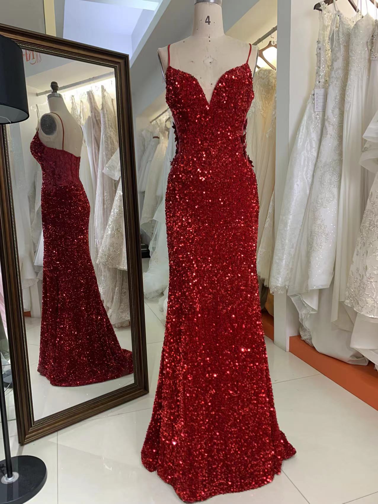 Spaghetti Straps Red Sequin Pageant Dress Evening Gown