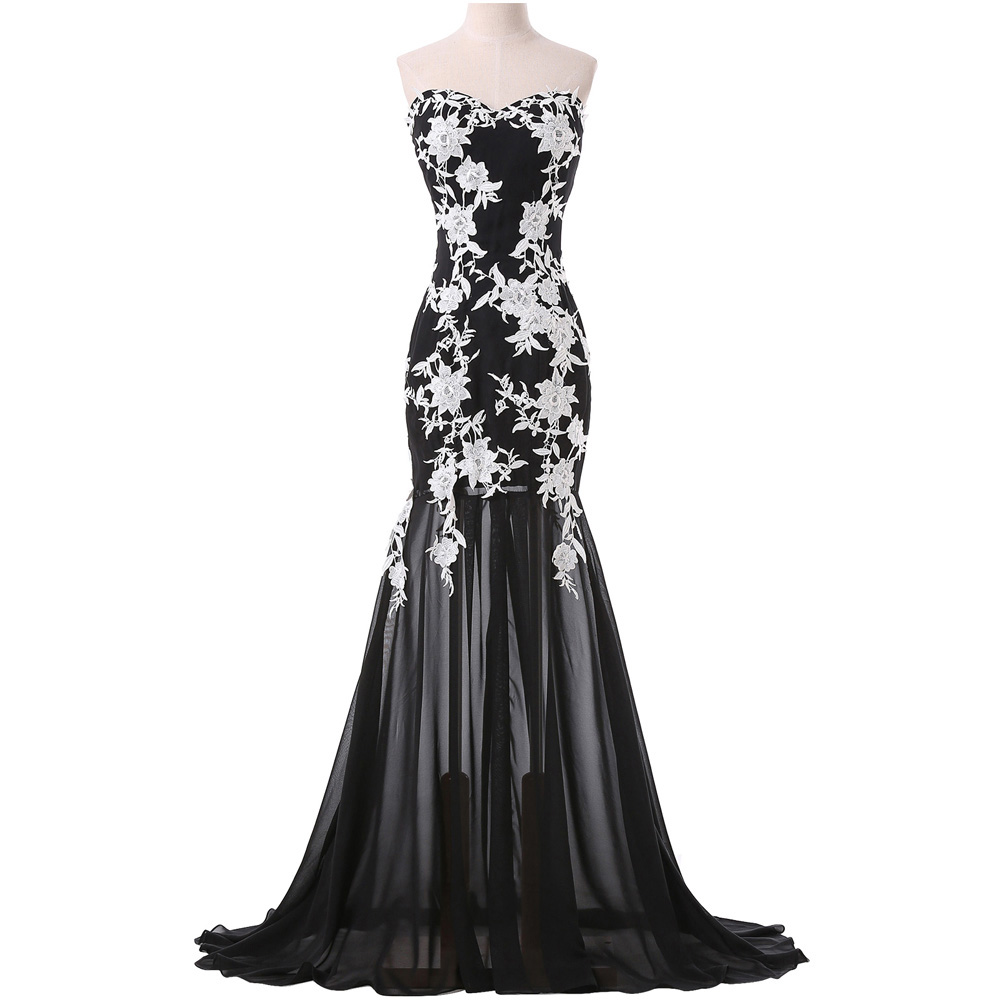 Sweetheart Black Formal Pageant Dress With White Lace