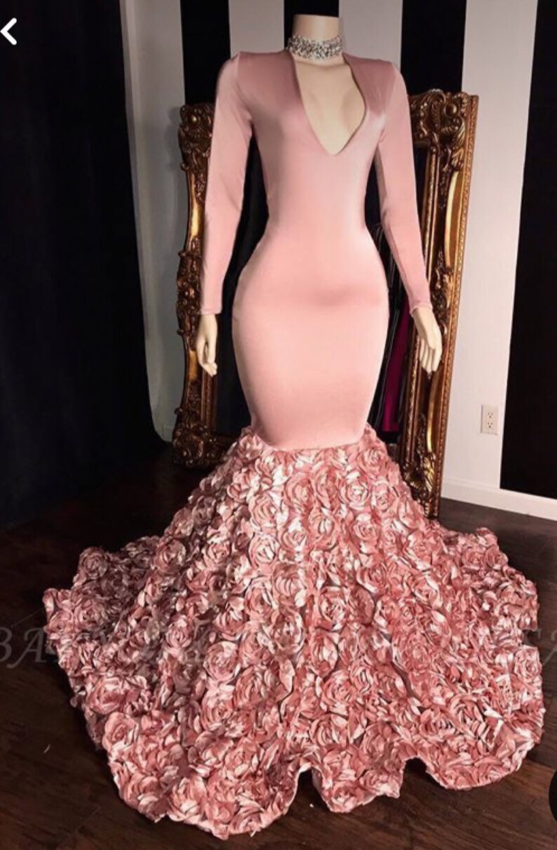 V Neck Long Sleeves Mermaid Prom Dress With 3d Rosette Skirt
