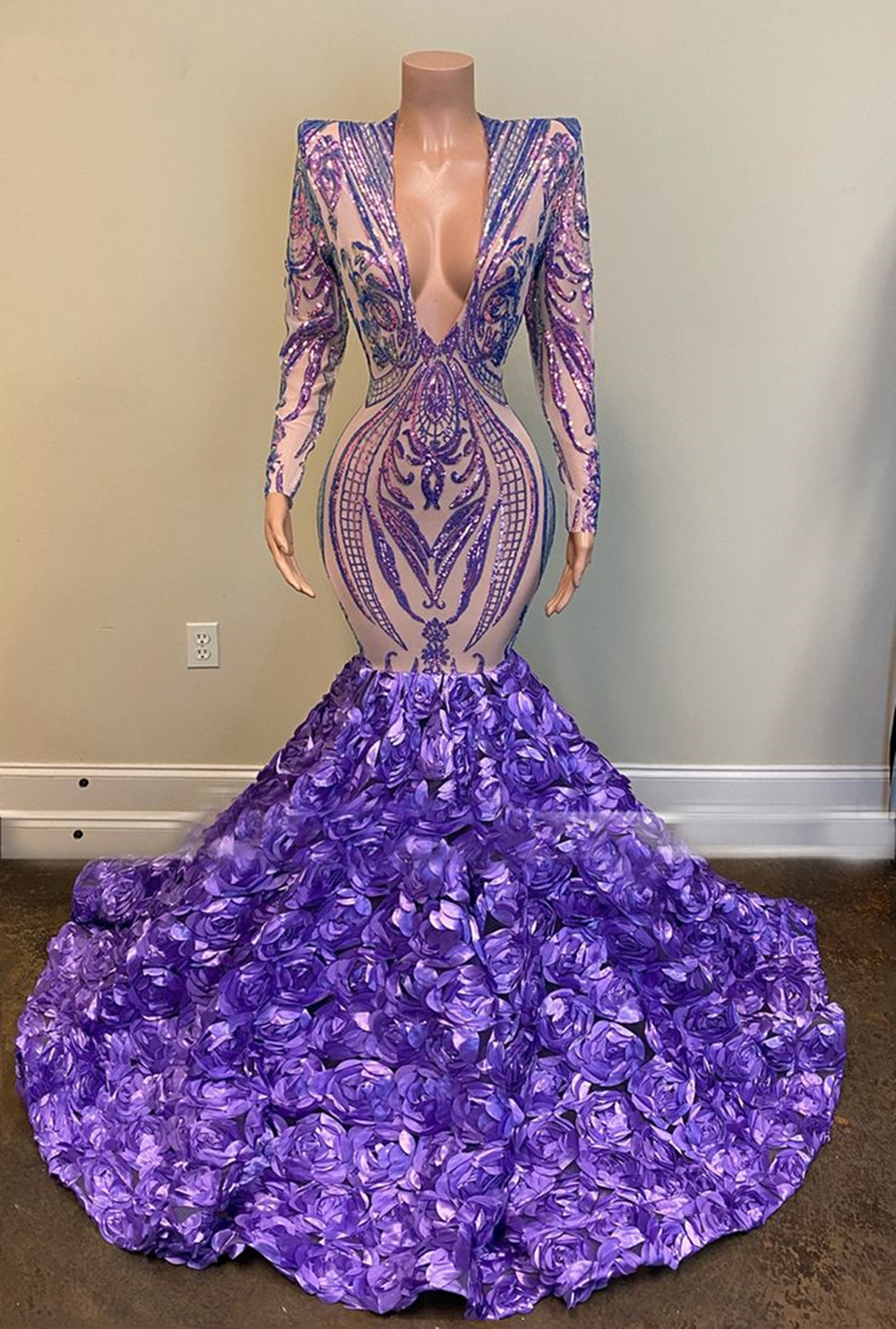 Laser Light Mermaid Prom Dress with Plunging Neckline & Sleeveless Court