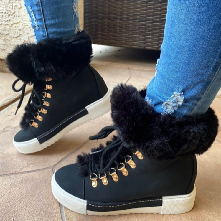 Women Winter Fashion Cotton Shoes Warm Fur Lined Wedge Plush Snow Boots