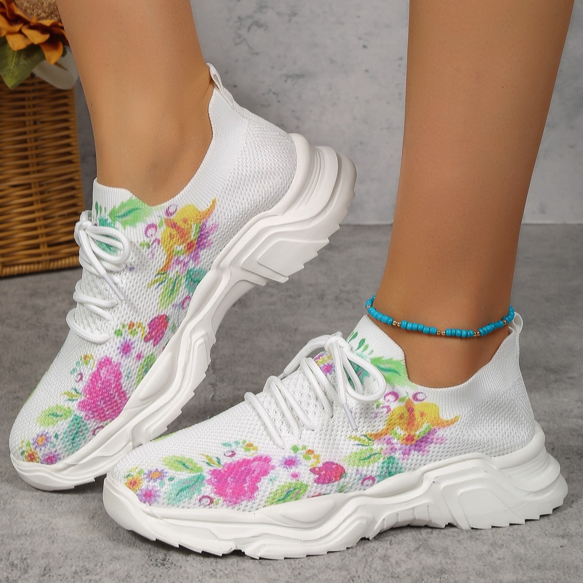 White Floral Print Women Sport Shoes