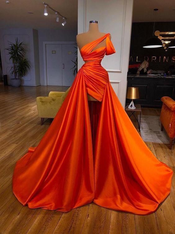 Asymmetric Neckline Orange Pleated Pageant Dress With Removable Skirt