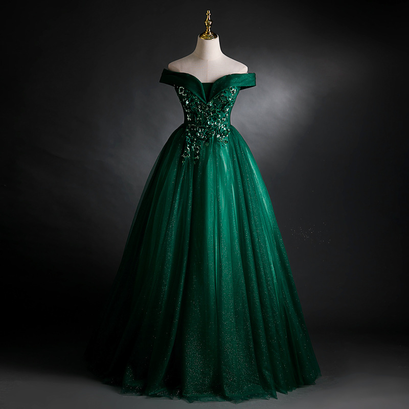 Off Shoulder Dark Green Ball Gown Dress With Appliqued Bodice