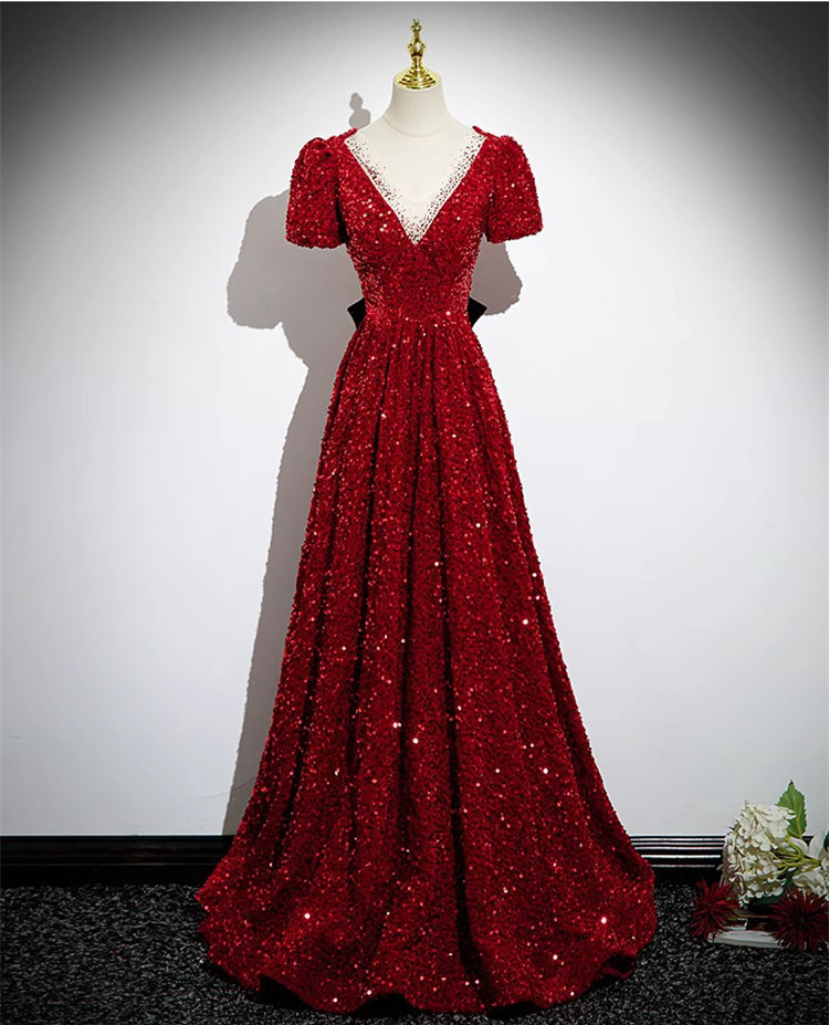 Short Sleeves Red Sequin Long Evening Gown Pageant Dress