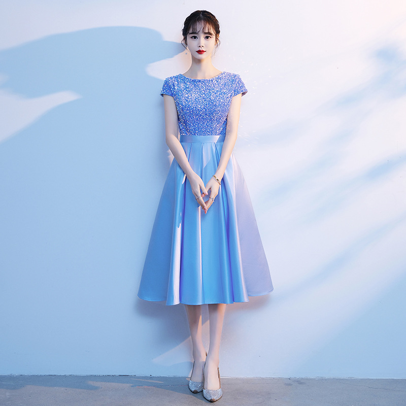 Cap Sleeves Tea Length Blue Party Dress With Sequin Bodice