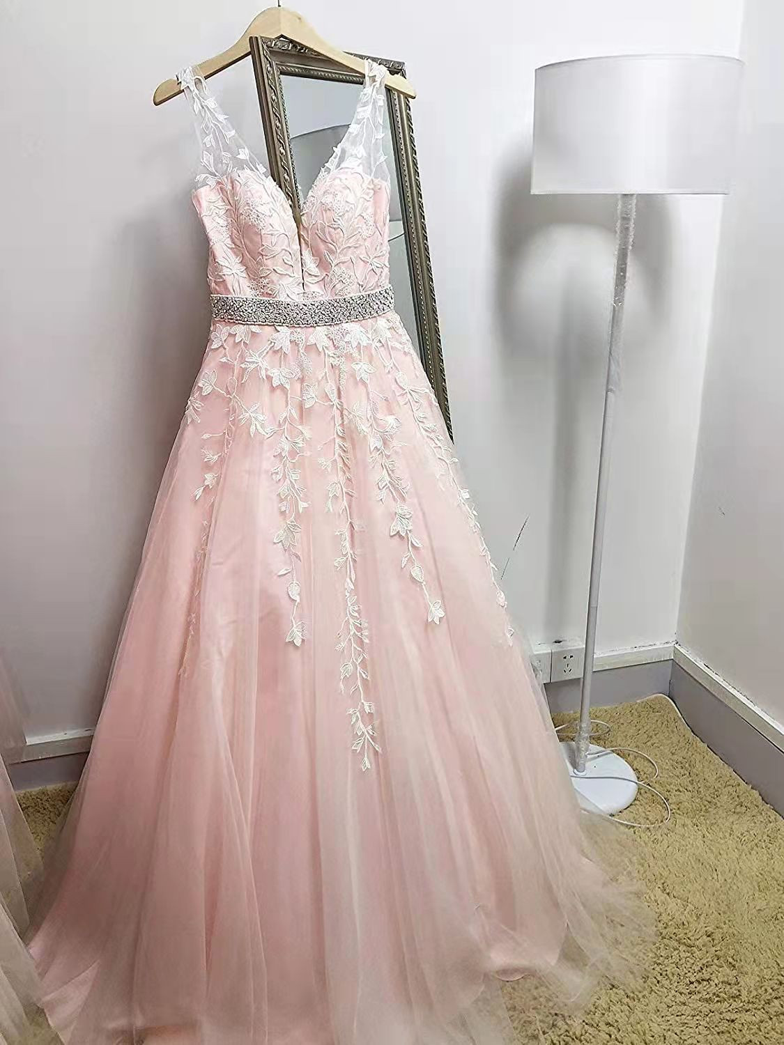 Plunging Neck Designer Light Pink Long Prom Dress