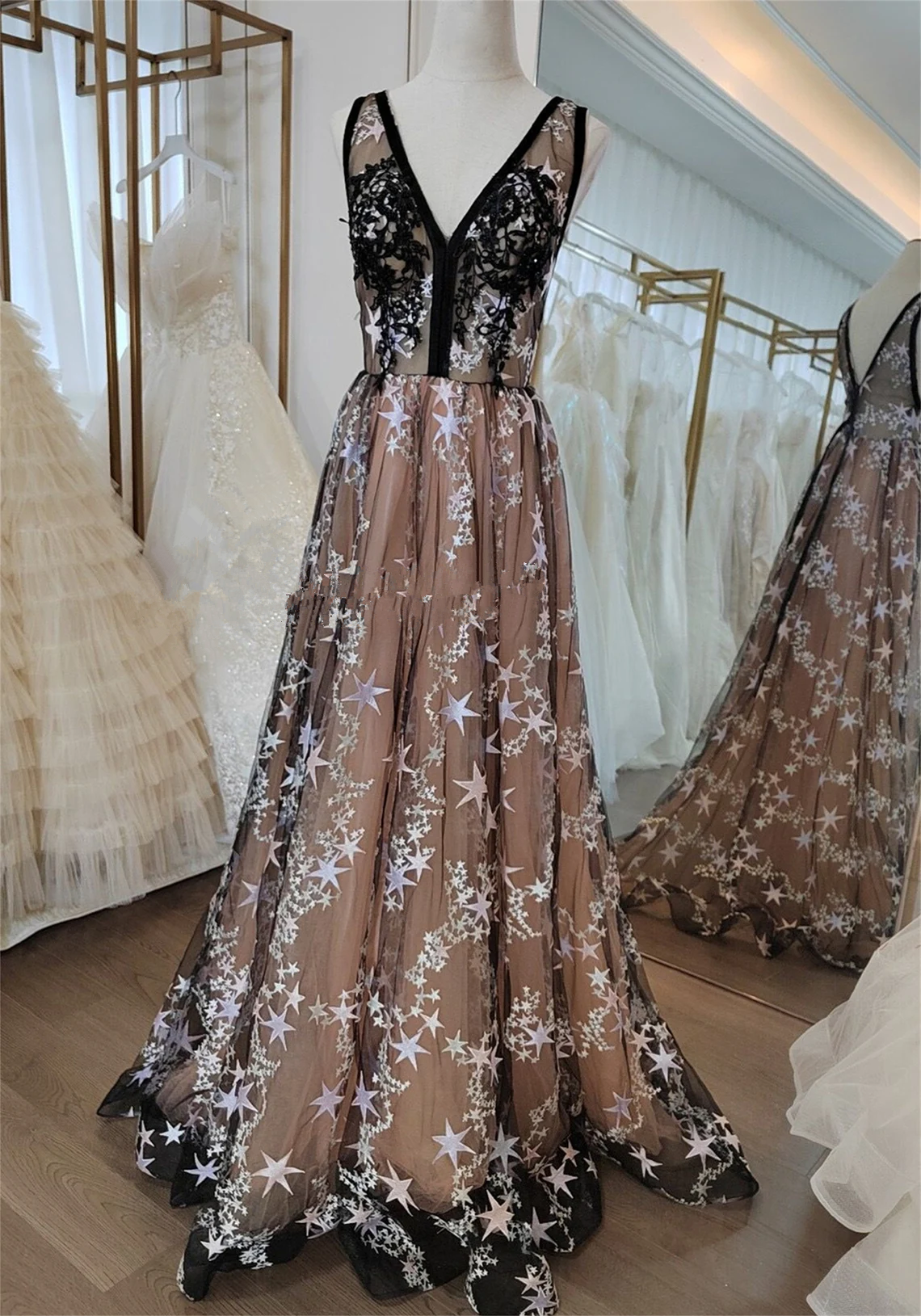 Sleeveless V Neck Evening Gown Champagne Black Long Pageant Dress on Luulla