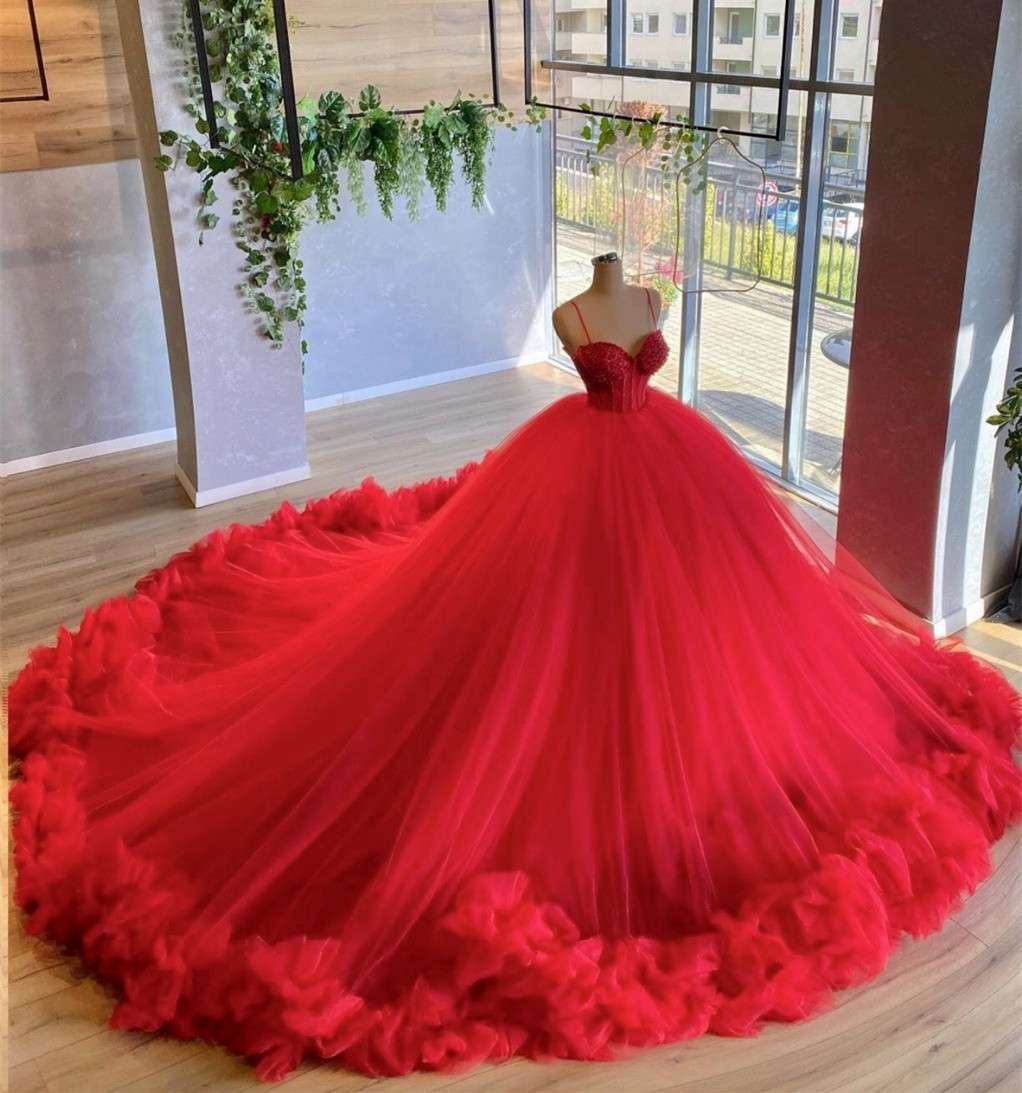 Spaghetti Straps Red Ball Gown Pageant Dress